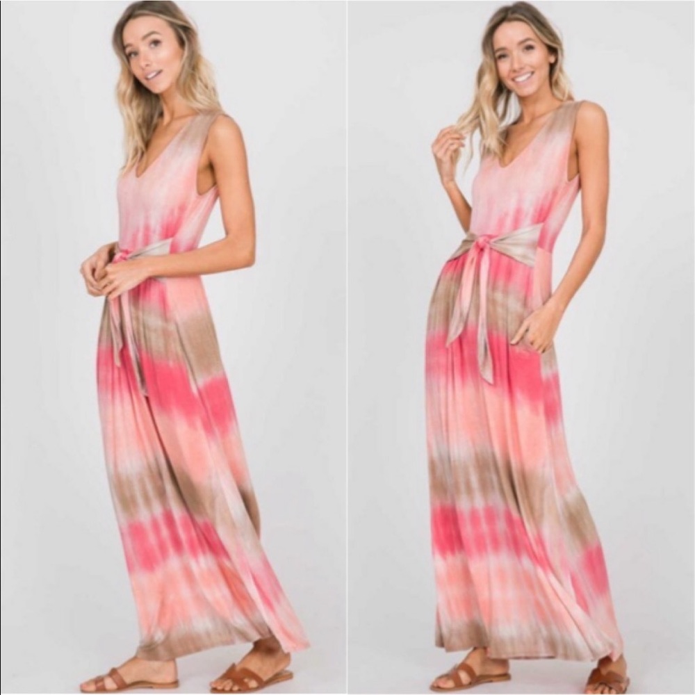 💃Boho Tie Dye Maxi Dress Pink - Picture 4 of 6